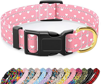 Reflective Dog Collar for Large Dogs, Cute Adjustable Heavy-Duty Nylon Puppy Collars for Boy and Girl Female, Soft Pet Accessories with Quick Release Buckle, Neck 16-24", Pink Hearts