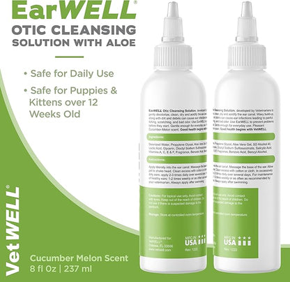 VetWELL Ear Cleaner for Dogs and Cats - Otic Rinse for Infections and Controlling Ear Infections and Odor in Pets - 8 oz (Cucumber Melon) (Pack of 2)