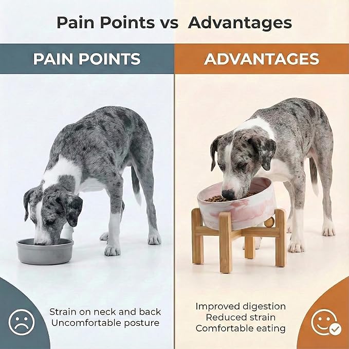 hjn Elevated Ceramic Dog Bowl 15°Slanted Raised Dog Bowl with Bamboo Stand for Small Medium Dogs and Cats, Pet Feeder -7.6-Cup (1800ml)-Marble Pink