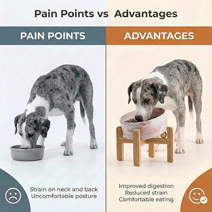 hjn Elevated Ceramic Dog Bowl 15°Slanted Raised Dog Bowl with Bamboo Stand for Small Medium Dogs and Cats, Pet Feeder -7.6-Cup (1800ml)-Marble Pink