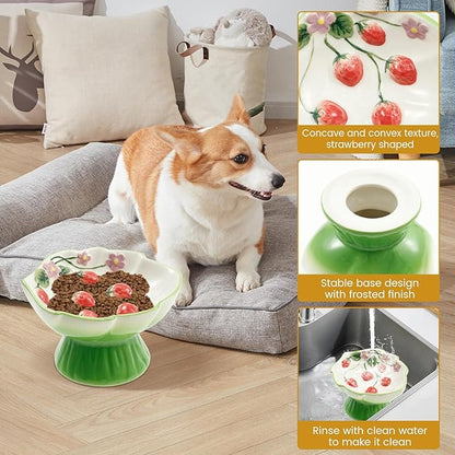 Ceramic Raised Slow Feeder Cat Bowl, Ceramic Elevated Small Cat Food Bowl, 15°Titled Food Bowls Small Dogs Slow Feeder, Strawberry Shaped Cute Pet Dish for Dry and Wet Foods(Green)