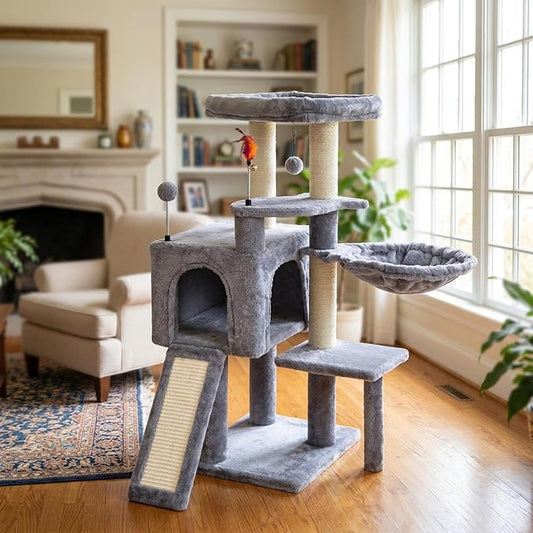 35.4'' Multifunction Cat Tree with Cozy Hammock & Hanging Ball, Cat Tower with Activity Cat Condo & Jute-Covered Scratching Posts, Grey