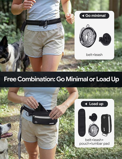 Dog Leash Hands Free, Walking Waist Belt with Pouch Removable & Multifunctional|Shock Absorbing Bungee| Thickened Lumbar pad & Comfortable Dual Handles|Dog Running and Training,for 33-120lbs Dogs