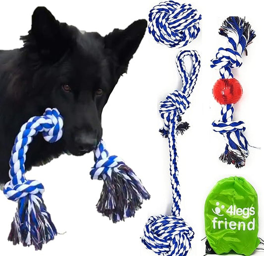 Rope Toys for Large Dogs & Puppies 4-Pack – Natural Cotton Rubber Tug-of-War Toy Set – Tough Dog Toys for Aggressive Chewers Improve Dental Hygiene – Machine-Washable Dog Rope Toy Ropes
