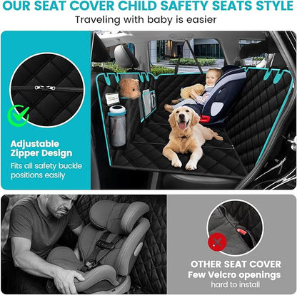 Dog Car Seat Cover for Back Seat, Car Seat Protector for Dogs, Hard Bottom Supports 450 lbs, Triple Waterproof, Non-Slip, Exclusive Zipper Design for Child Seat & Dog Seat Belt