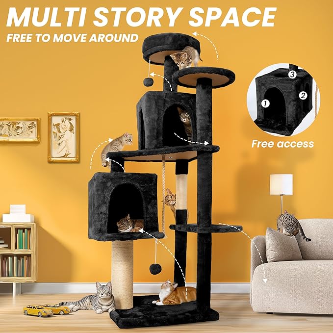 58in Large Cat Tree Tower for Indoor Cats with Soft Plush Hang Ball, Two Condos, Sisal Scratch Posts & Rope Play for Kittens/Adult Cats, Black