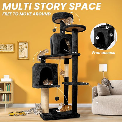 58in Large Cat Tree Tower for Indoor Cats with Soft Plush Hang Ball, Two Condos, Sisal Scratch Posts & Rope Play for Kittens/Adult Cats, Black