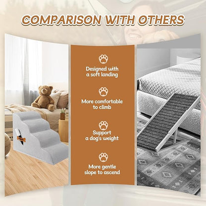 Romrol Dog Stairs Ramp for Beds Couches, Extra Wide Pet Steps with Durable Non-Slip Waterproof Fabric Cover, Dog Slope Stairs for Small Dogs and Cats or Pets Friendly, 4-TiersLight Grey
