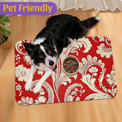 Red White Paisley Pet Food Mat, Absorbent Feeding Pad for Dogs and Cats, Waterproof Anti-Slip Base – 16x24 Inch