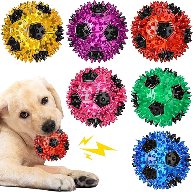 6 Pcs 3.4'' Spiky Squeaker Soccer Ball Dog Toy for Medium Large Dogs Heavy Duty Rubber Chew Toys for Aggressive Chewers Spiky Ball Fetch for Training Clean Teeth Outdoor