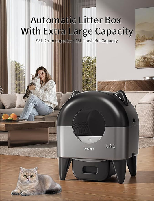 Self Cleaning Litter Box,95L Automatic Self Cleaning Cat Litter Box,Smart Electric Litter Box with App Control 8 Safety Sensors for Multiple Cats,Advanced Odor Control,Night Light OMCPET(Dark Gray)