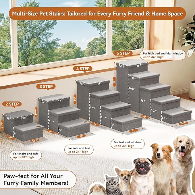 Wider Dog Ramp for High Bed with Storage 18" H, Foldable Dog Stairs for Small Medium Large Older Senior Animal, Sturdy Dog Step for Climbing Bed or Couch, Arthritis-Friendly (Gray, No Condo)