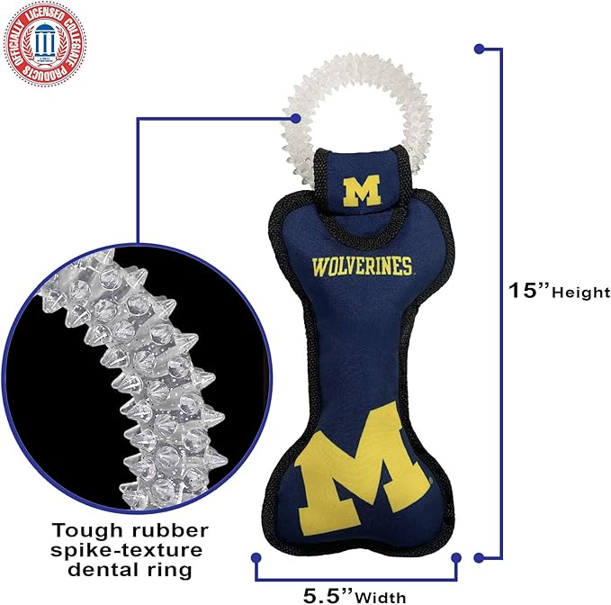 Pets First NCAA Michigan Wolverines Dental Dog TUG Toy with Squeaker. Tough PET Toy for Healthy Fun, Teething & Cleaning Pets Teeth & Gum