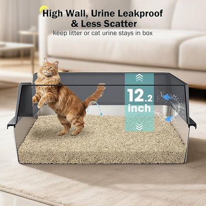 Stainless Steel Litter Box Extra Large for Big Cats Multi-Cats, Jumbo Extra Large Metal Cat Litter Box with High Sided Lid, Anti-Urine Leakage, Non-Stick,Include Litter Scoop