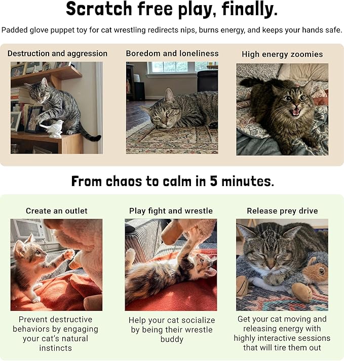 Milunova Pupr Pals Cat Wrestling Glove (Catnip Infused) Hand Puppet Toy with Tough Padding for Safe Interactive Play, Protection to Stop Kitten Scratching Hands; for Boredom-Busting Exercise