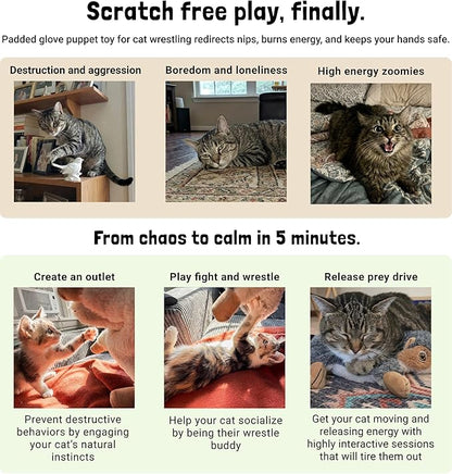 Milunova Pupr Pals Cat Wrestling Glove (Catnip Infused) Hand Puppet Toy with Tough Padding for Safe Interactive Play, Protection to Stop Kitten Scratching Hands; for Boredom-Busting Exercise