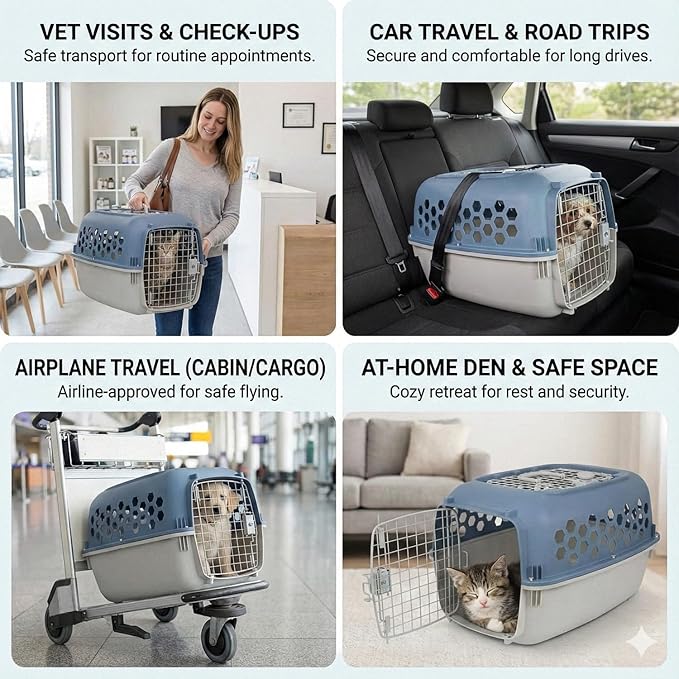 Portable Double Door Plastic Pet Carrier for Dogs & Cats - 24" Durable Ventilated Kennel with Top Loading, Airline Approved, Foldable Design for Travel & Vet Visits