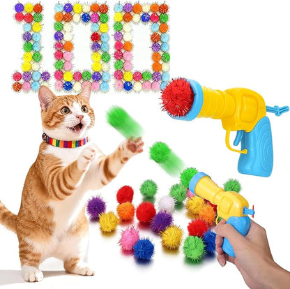 Mity rain 101PCS Cat Ball Launchers & Pom Pom Balls Interactive Cat Toy Set – Safe Soft Plush Kitten Toys for Indoor Cats, Fun Kitten Toys for Endless Active Play (Shining)