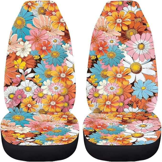Groovy Hippie Flower Daisy Car Seat Covers Full Set of 2, Cloth Seat for Auto Front Seats, Black Seat Covers Cars Washable Breathable Car Accessories for Sedan Truck SUV
