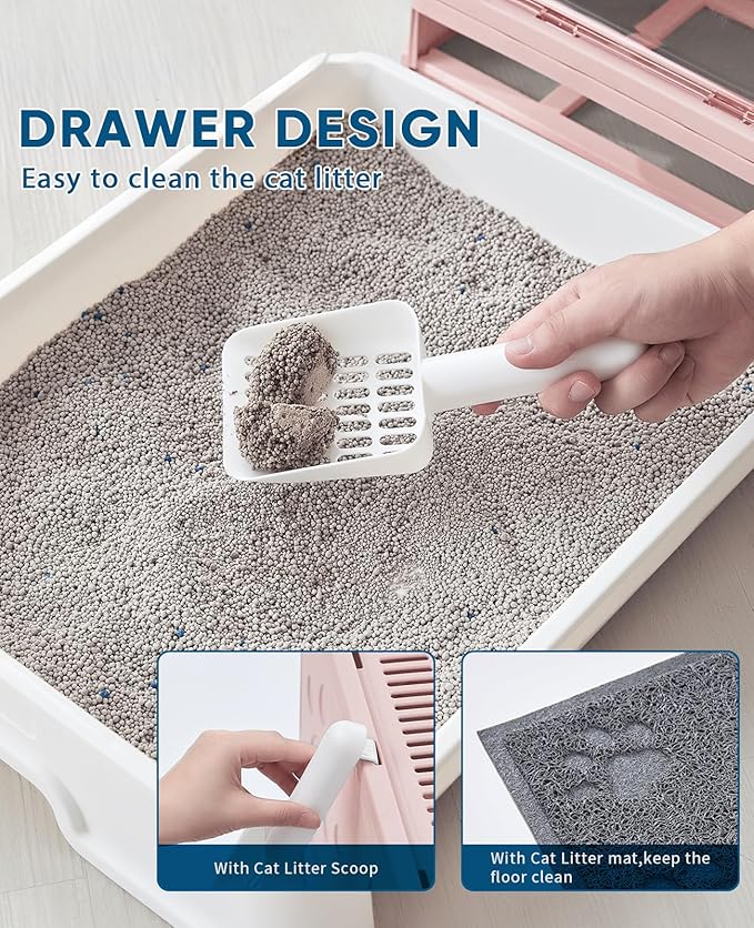 Cat Litter Box with Litter Mat and Scoop, Large Covered Litter Box with Lid, Front Entry Top Exit Kitty Box, Odor Control, Easy to Clean (Pink)