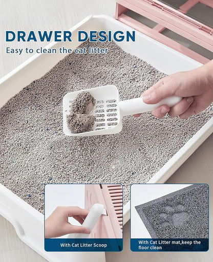 Cat Litter Box with Litter Mat and Scoop, Large Covered Litter Box with Lid, Front Entry Top Exit Kitty Box, Odor Control, Easy to Clean (Pink)