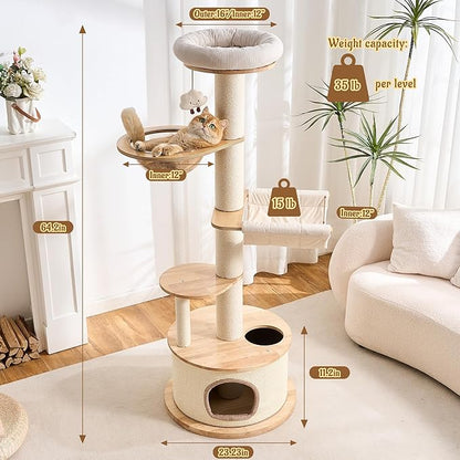 64.2" Modern Cat Tree for Indoor Cats, Solid Wood Cat Tower with Chunky Scratching Posts, 20" Roomy Condo, Cat Bed, Hammock, Capsule Nest, Interactive Squeaky Toy, Multi-Level Cat Furniture