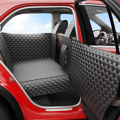 DIAMOOKY Dog Car Seat Cover for Back Seat, Waterproof Back Seat Extender for Dogs w/Door & Headrest Protector, Hard Bottom Pet Bed Hammock Holds 420lbs, for Cars SUVs Small Trucks(Not for 3-row seats)
