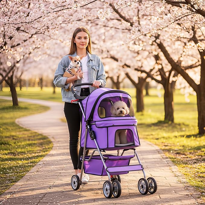 BestOffice Pet Stroller for Small Medium Dogs & Cats, 4-Wheel Foldable Dog Stroller with Cup Holder, Lightweight Travel Carrier, Waterproof Design for Outdoor Walks,Purple