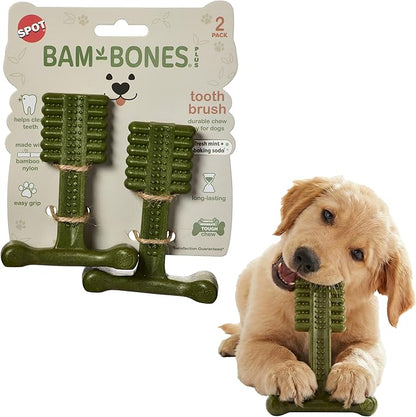 SPOT Bam-Bones Plus Toothbrush Dog Chew Toy, Durable Bamboo Fiber & Nylon Dental Chew, Fresh Mint & Baking Soda for Dental Care, Easy-Grip T-Bone Shape, For Heavy Chewers Under 30 lbs, 4 Inch, 2 Count