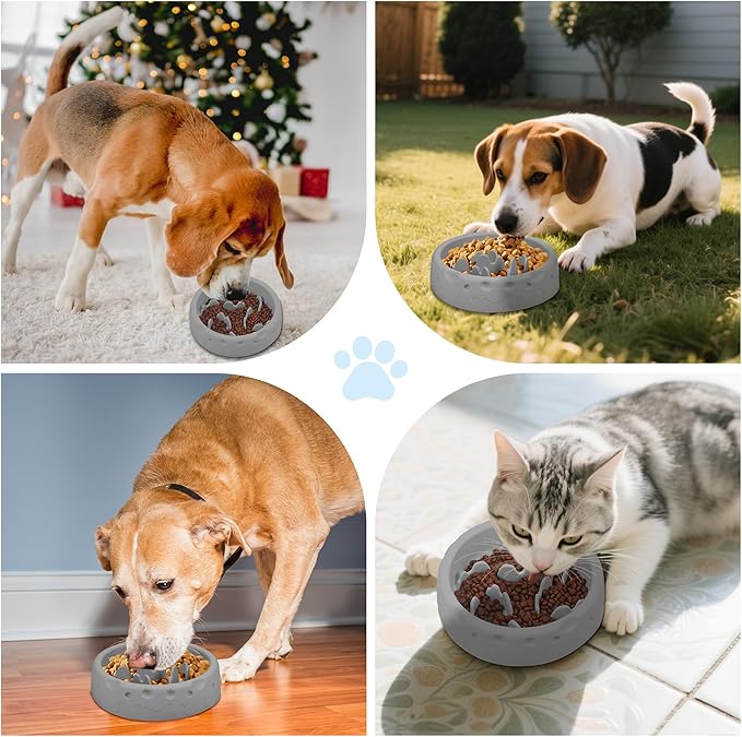 Slow Feeder Dog Bowls, Silicone Large Dog Plates for Food with Non-Slip, Cats Eating Dogs Bowl with Spiral Maze Design, Dogs Food Slow Feeder Bowl Dishes for Indoor and Outdoor (Grey)