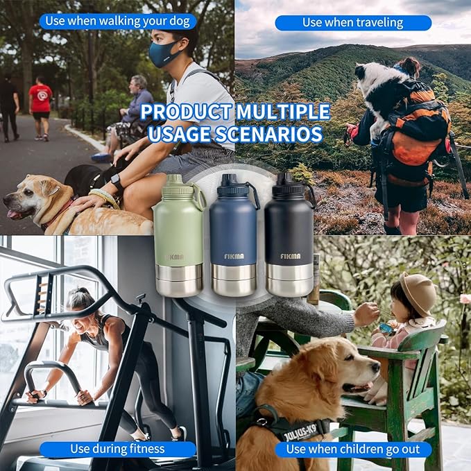 Insulated Dog Water Bottle with 2 Bowls, 32oz Insulated Stainless Steel Travel Bottle for Pets, Leak-Proof Portable Design for Hiking, Camping & Travel (Black)