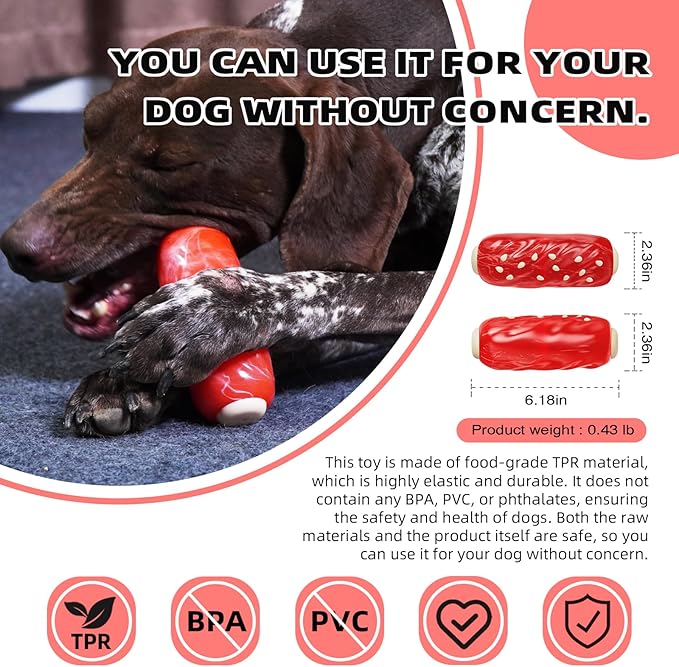 Indestructible Squeaky Dog Chew Toys for Aggressive Chewers, Food Grade Material, Tough Durable Dog Toys for Medium Large Breed (Red)