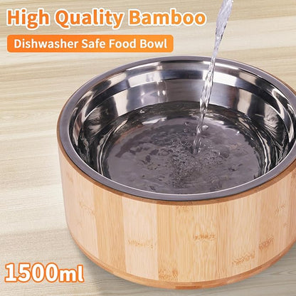 Elevated Dog Bowls for Large Dogs Feeder Two Bowls with a Stainless Steel and Bamboo Dishes，Raised Dog Bowl Stand with Non-Slip Feet，Ideal for Medium and Large Breeds， (13.5-inch High)
