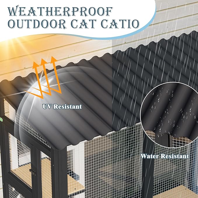Large Catio Cat Window Box, Outdoor Cats Window Perch Enclosure for Indoor Cats with 4 Jump Platforms & 4 Doors, Kitten Cat Patio House Connected with Tunnels, All Weather Use (Black)
