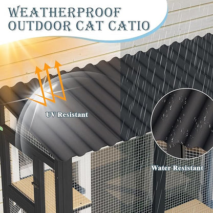 Large Catio Cat Window Box, Outdoor Cats Window Perch Enclosure for Indoor Cats with 4 Jump Platforms & 4 Doors, Kitten Cat Patio House Connected with Tunnels, All Weather Use (Black)