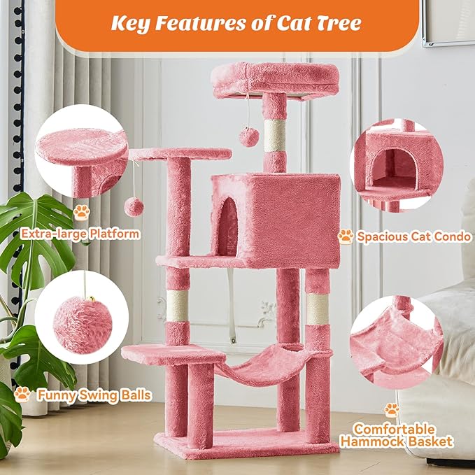 DUMOS Small 44 Inch Cat Tree Tower, Cat Climbing Tower with Natural Sisal Scratching Posts, Hammock, Pet Condo for Indoor Cats and Kittens Play, Pink