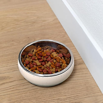 Fringe Studio Speckled Stripe Ivory Small Ceramic Pet Bowl W/Stainless Steel Bowl Insert (5" Diameter x 1.75" H, 13 fl.oz.), PetShop Collection (793SM001)