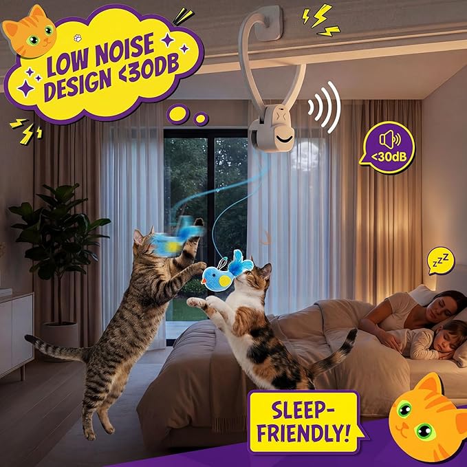 Interactive Cat Toys for Indoor Cats: Automatic Flying Bird Feather Wand Chase Exercise Enrichment Stimulation, USB Rechargeable Durable Safe Hanging Toy for Bored Kittens Adult Multi Cat Households