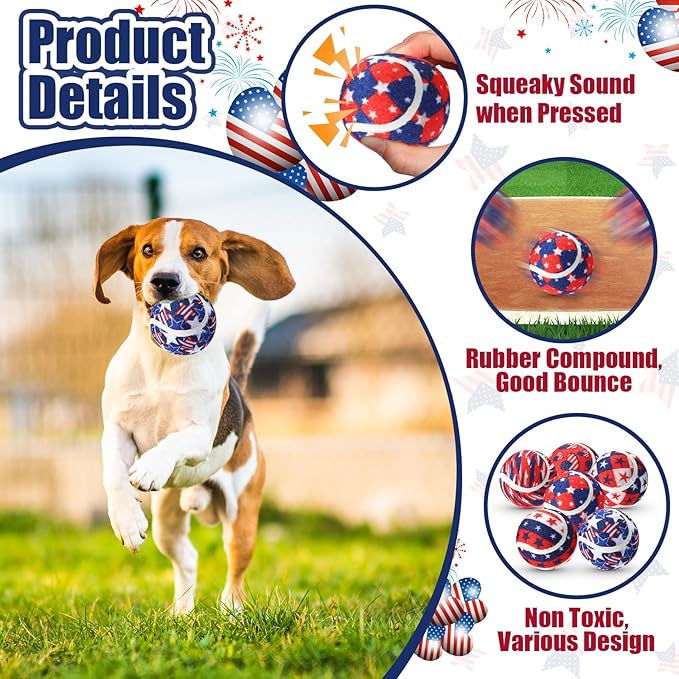 6 Pcs Patriotic Dog Squeaky Tennis Balls 2.5 Inch Interactive Pet Toys Ball 4th of July Independence Veterans Day for Small Medium Large Dog Plush Chew Toys Teeth Cleaning for Cat Training