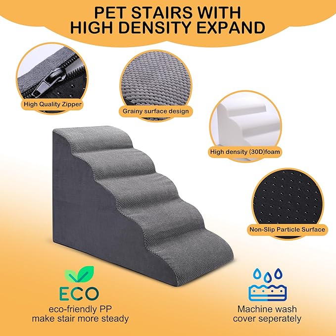 Dog Stairs for Bed, 5-Step Dog Steps for Couch and High Bed, Non-Slip Pet Stairs, 24" High Sofa Foam Ramp - Best for Small Pets, Older Cats with Joint Pain