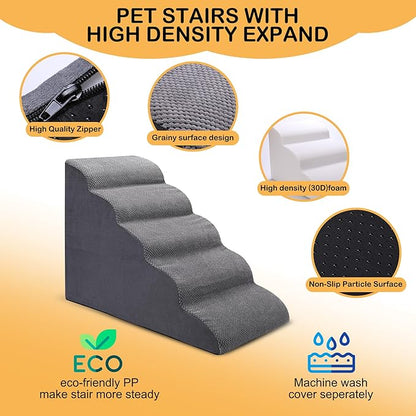 Dog Stairs for Bed, 5-Step Dog Steps for Couch and High Bed, Non-Slip Pet Stairs, 24" High Sofa Foam Ramp - Best for Small Pets, Older Cats with Joint Pain