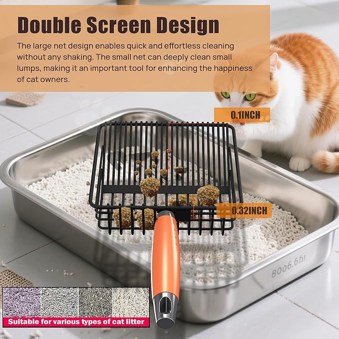 Heavy Duty Metal Cat Litter Scoop with Holder - Broom and Dustpan Set - Quick-Sifting Mesh for Clump-Free Cleaning, Compatible with Most Litter Types