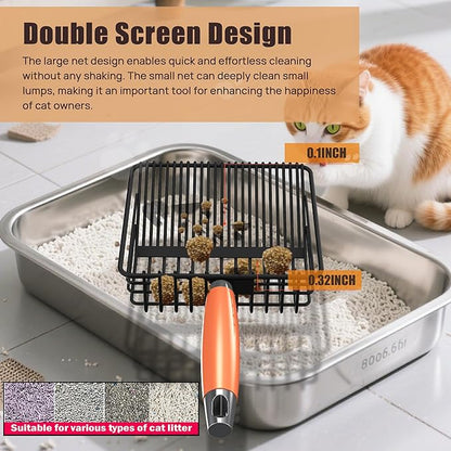 Heavy Duty Metal Cat Litter Scoop with Holder - Broom and Dustpan Set - Quick-Sifting Mesh for Clump-Free Cleaning, Compatible with Most Litter Types