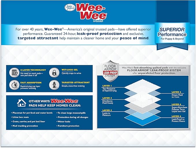 Four Paws Wee-Wee Superior Performance Unscented Pee Pads for Dogs & Puppies, Quilted Leak-Proof Dog Housebreaking Potty Training Floor Protection, 22" x 23", 100 Count