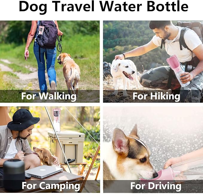 DomKim Portable Dog Water Bottle with Food Container for Small Medium Dogs Walking Jogging, Traveling Puppy Water Dispenser Bowls Non Spill, Pink Beach Accessories Stuff Pink, 18.6 oz (550ml)