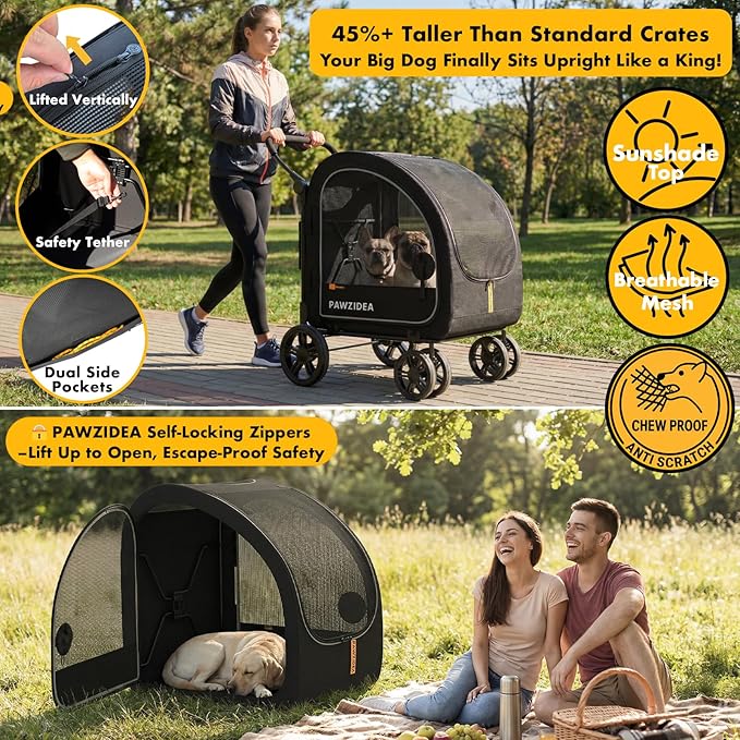 PAWZIDEA 3-in-1 Dog Stroller for Large Dogs with Detachable Carrier up to 100lb, 45% Extra Tall Dog Car Crate Sit Upright, Foldable Pet Stroller for 2 Medium Dogs All-Terrain Jogger, Adjustable Handle