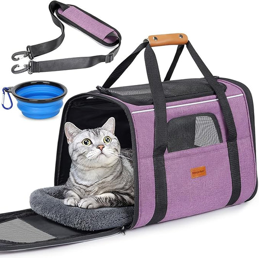 Morpilot Pet Travel Carrier Bag, Soft-Sided Dog Carrier Cat Carrier Pet Carrier, for Large Cats and Medium Puppies up to 25lbs, with Locking Safety Zippers, Foldable Bowl (Purple)