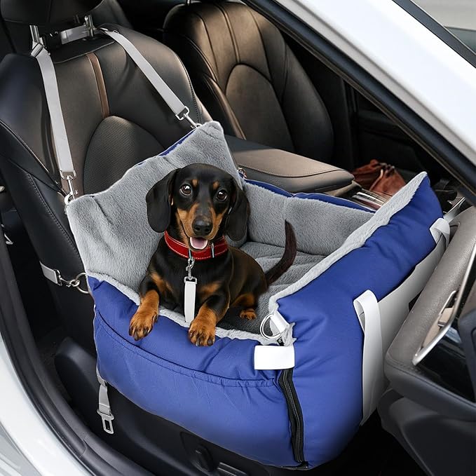SIVES Dog Car Seat for Small Dogs, Soft Booster Seat Travel Bed with Side Flaps, Non-Slip Base, Seat Belt Straps + Safety Tether, Storage Pocket, Washable Cushion, Recommended Up to 33 lbs, Blue