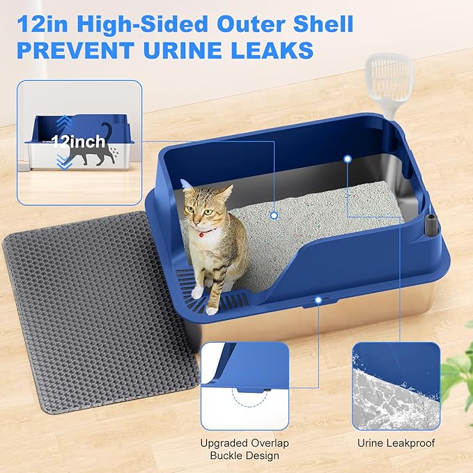 Non-stick Stainless Steel Litter Box, XL Side Opening Splash-Proof & Leak-Proof Seamless Seal, Ellenpent Large Capacity, Cat Litter Box with Lid for Multi-Cats, Large Cats, Easy-Clean & Durable (Blue)