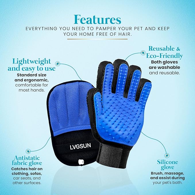 Pet Hair Remover Gloves System – 3-in-1 Set: 2 Grooming Mitts + 1 Reusable Pad for Dogs, Cats & Horses – Professional Shedding Brush for Long & Short Hair